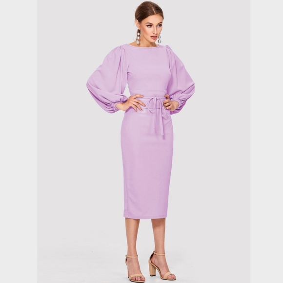 Rouge! Dresses & Skirts - Lavender Bishop Sleeve Belted Midi Pencil Dress